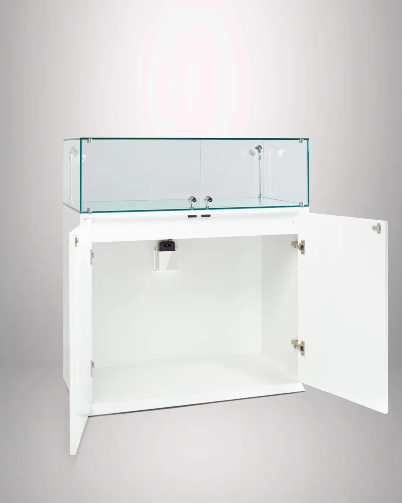 100cm Cabinet Doors Open Exhibition Plinths scaled 1